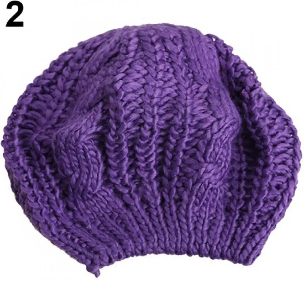 Women's Braided Knit Beret Beanie Hat – Warm Winter Ski Cap Knit Beret Beanie PRIMED PURPLE