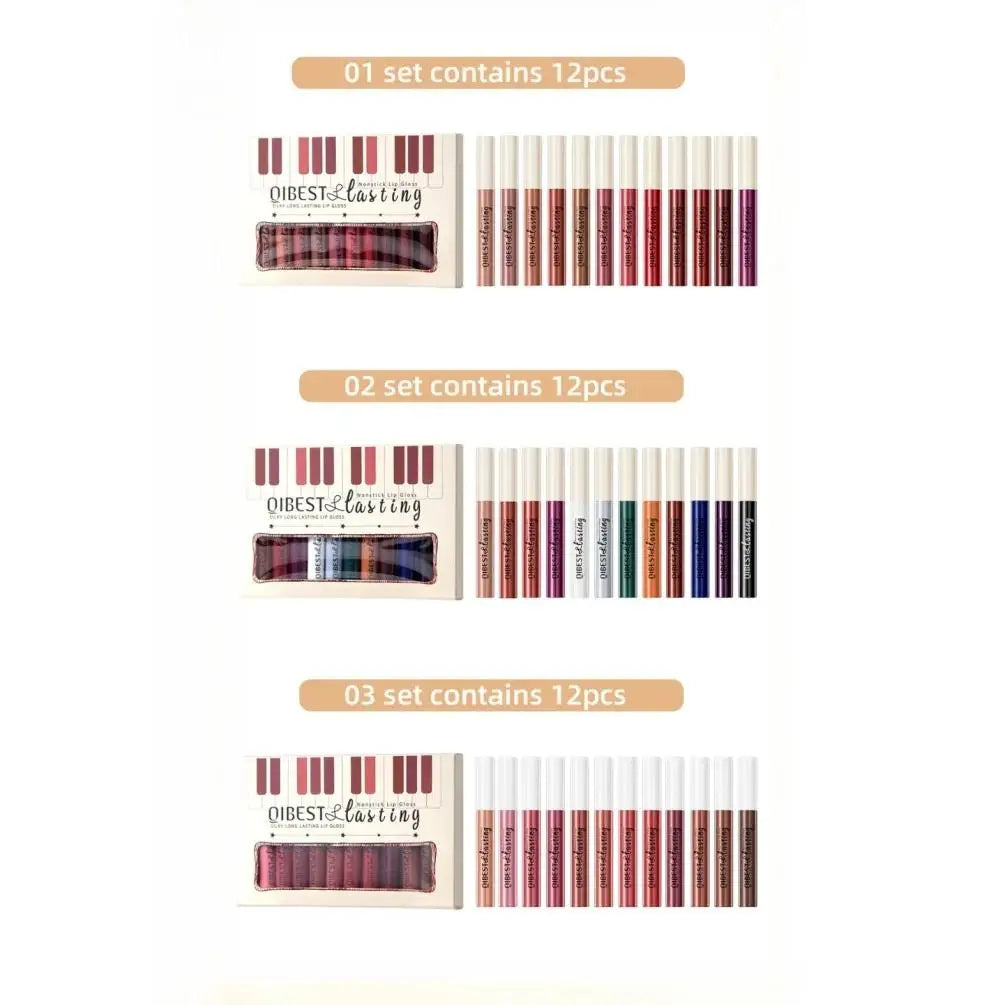 QiBest Matte Lip Gloss Set – 12 Waterproof Long-Lasting Shades