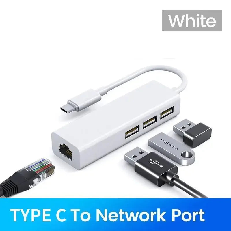 USB-C Hub 3-Port USB 2.0 + RJ45 Ethernet Adapter 100Mbps