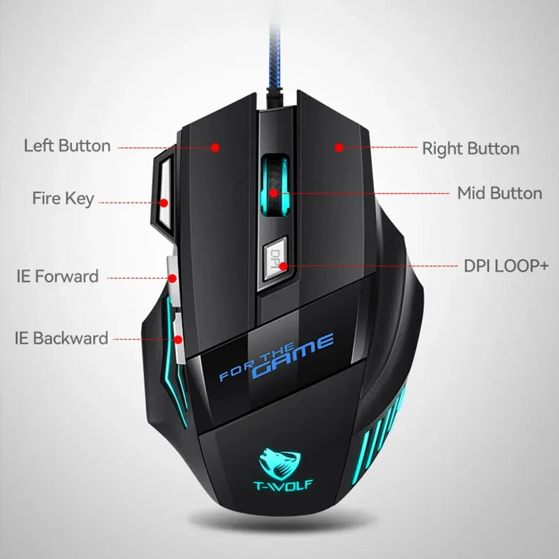USB Wired Gaming Mouse 7 Button RGB Backlit 2400 DPI Ergonomic
