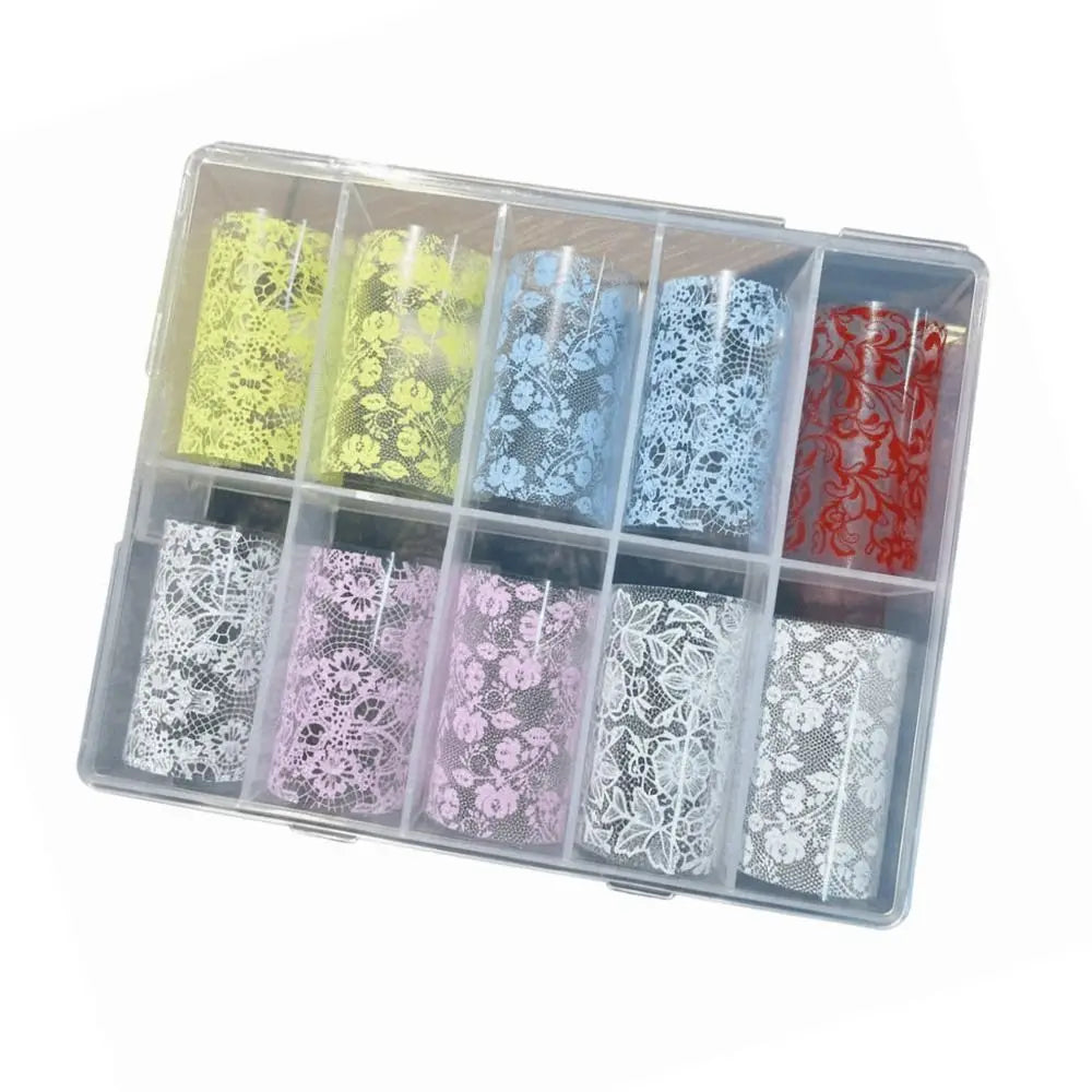 Lace Flower Nail Transfer Decals – Pink Blue White Foils