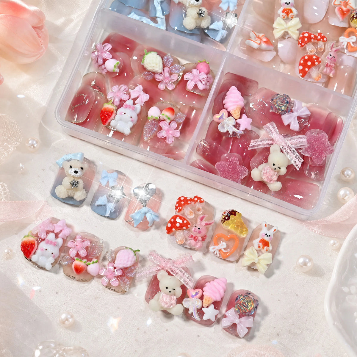 96Pcs Handmade Press On Nails – Pink Bears, Bows & Flowers