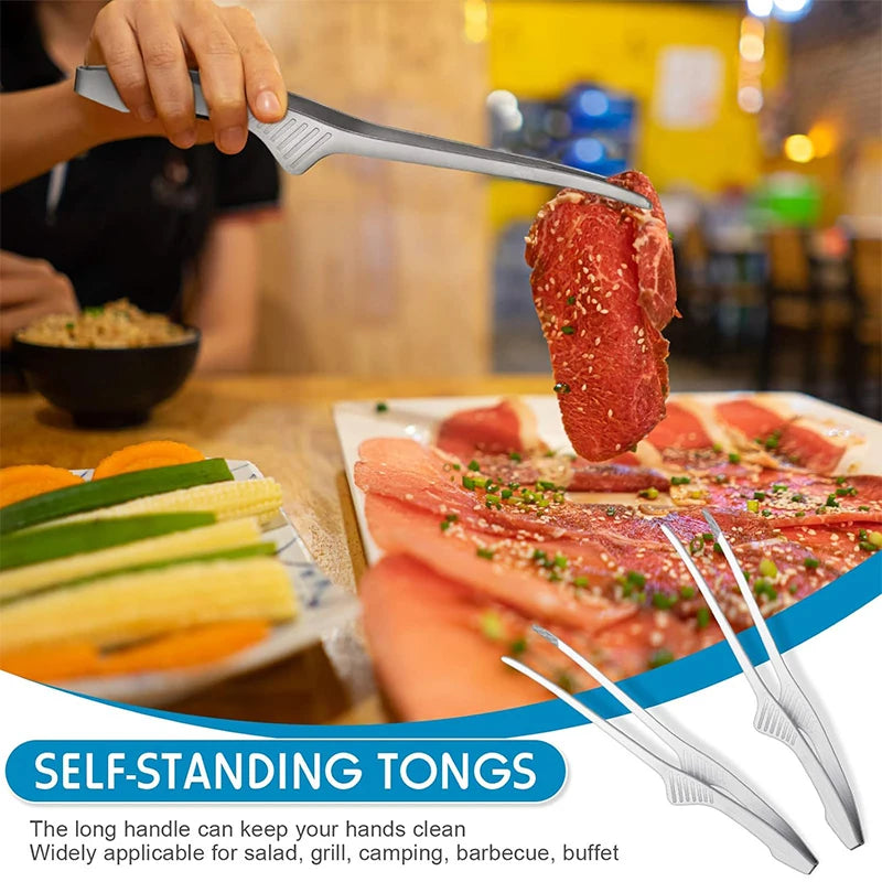 LMETJMA Stainless Steel BBQ Grill Tongs | Self-Standing Kitchen BBQ Grill Tongs PRIMED