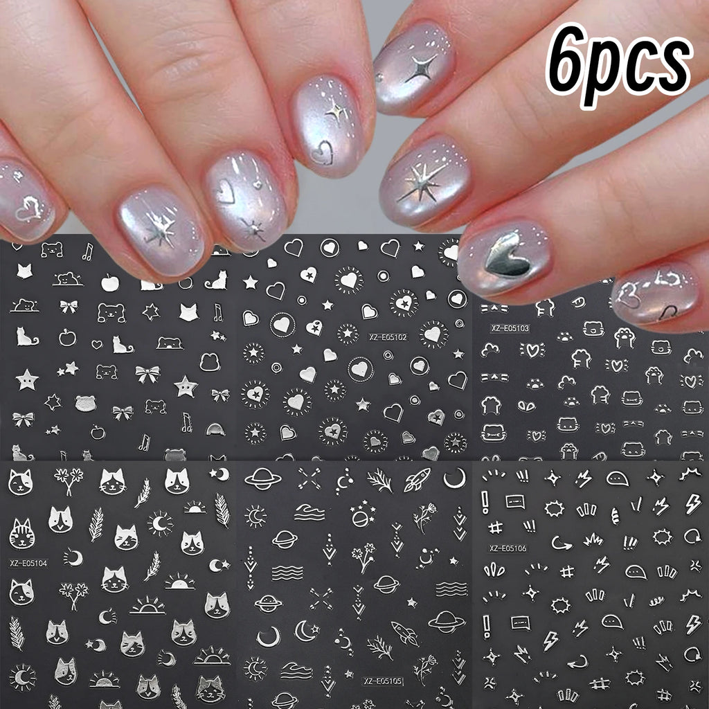 6-Piece Silvery Foil Nail Art Stickers – Cats Bears Hearts Nail Art Stickers PRIMED S1