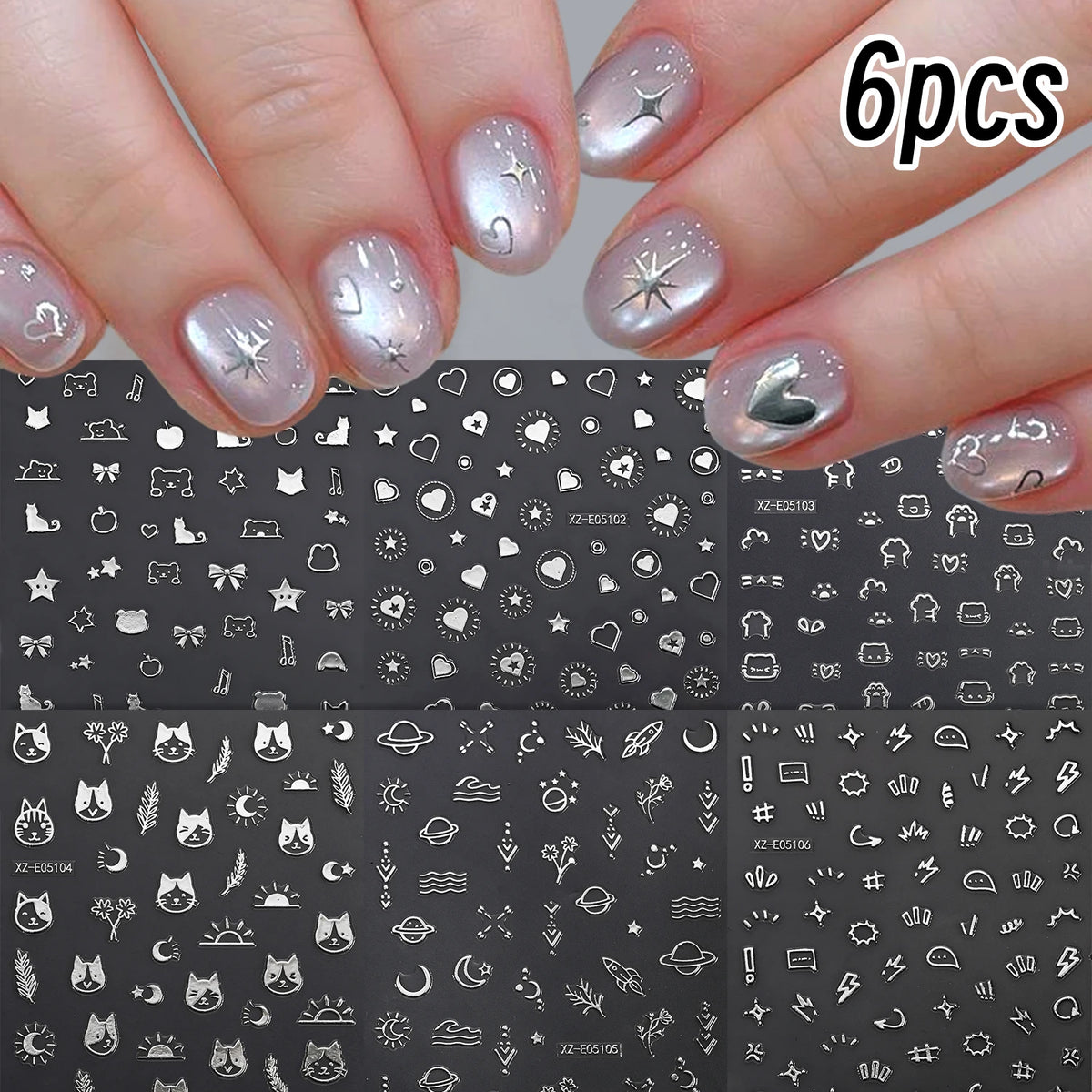 6-Piece Silvery Foil Nail Art Stickers – Cats Bears Hearts Nail Art Stickers PRIMED S1