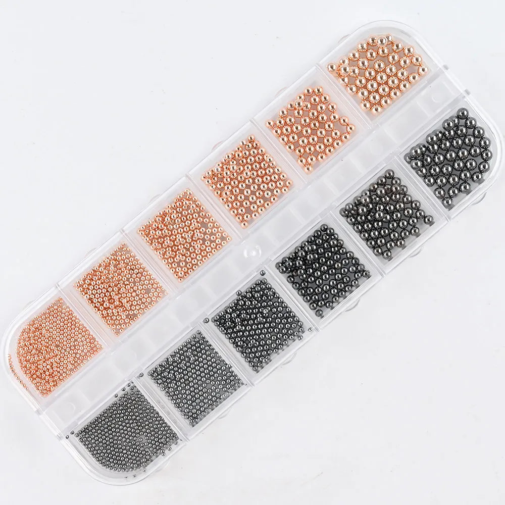 Nail Art Metal Round Beads 0.8–3.0mm Gold Silver | 12-Grid Box Nail Art Beads PRIMED PH138-05