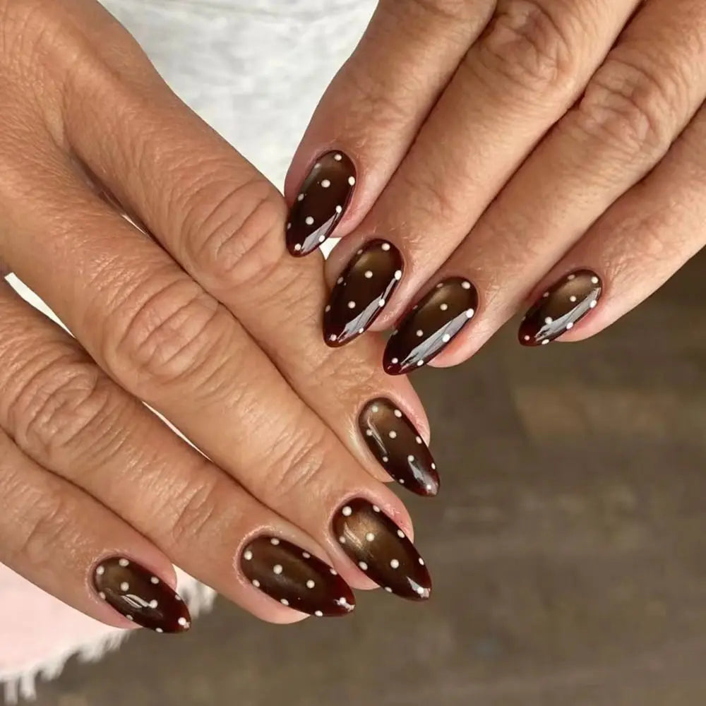 Cat Eye Almond Press-On Nails 24pc – Brown Polka Dot