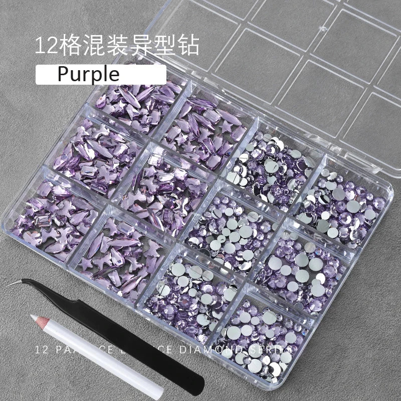 3D Crystal Nail Rhinestones Kit – 12 Shapes, Gems & Tweezer Nail Rhinestone Kit PRIMED ZB148-4
