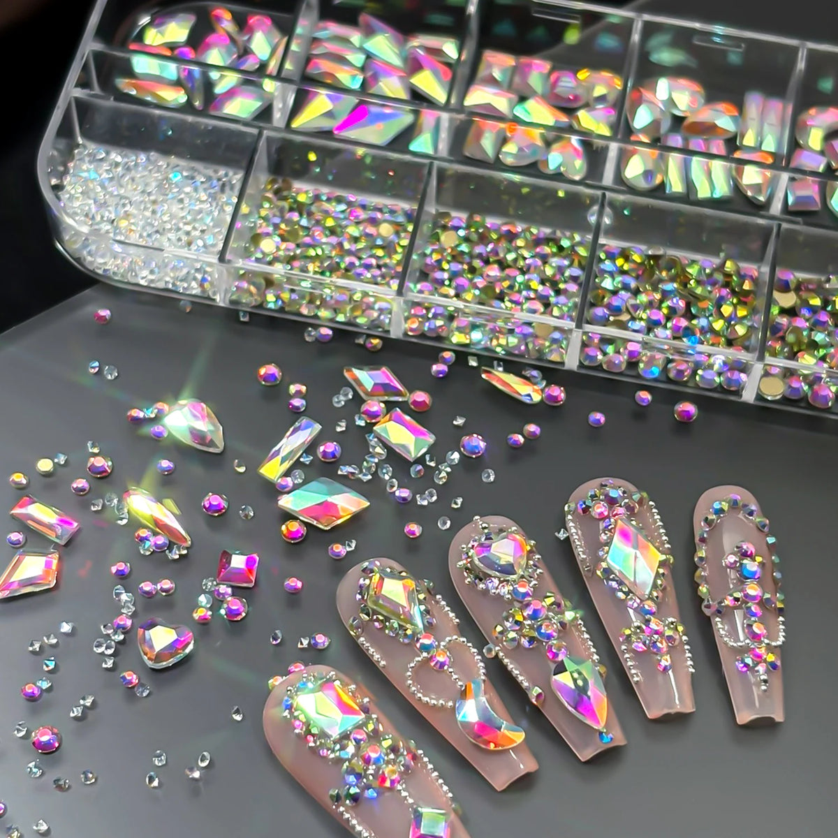 12-Grid Iridescent AB Nail Rhinestones – Mixed Glass Gems Box Nail Art Rhinestones PRIMED