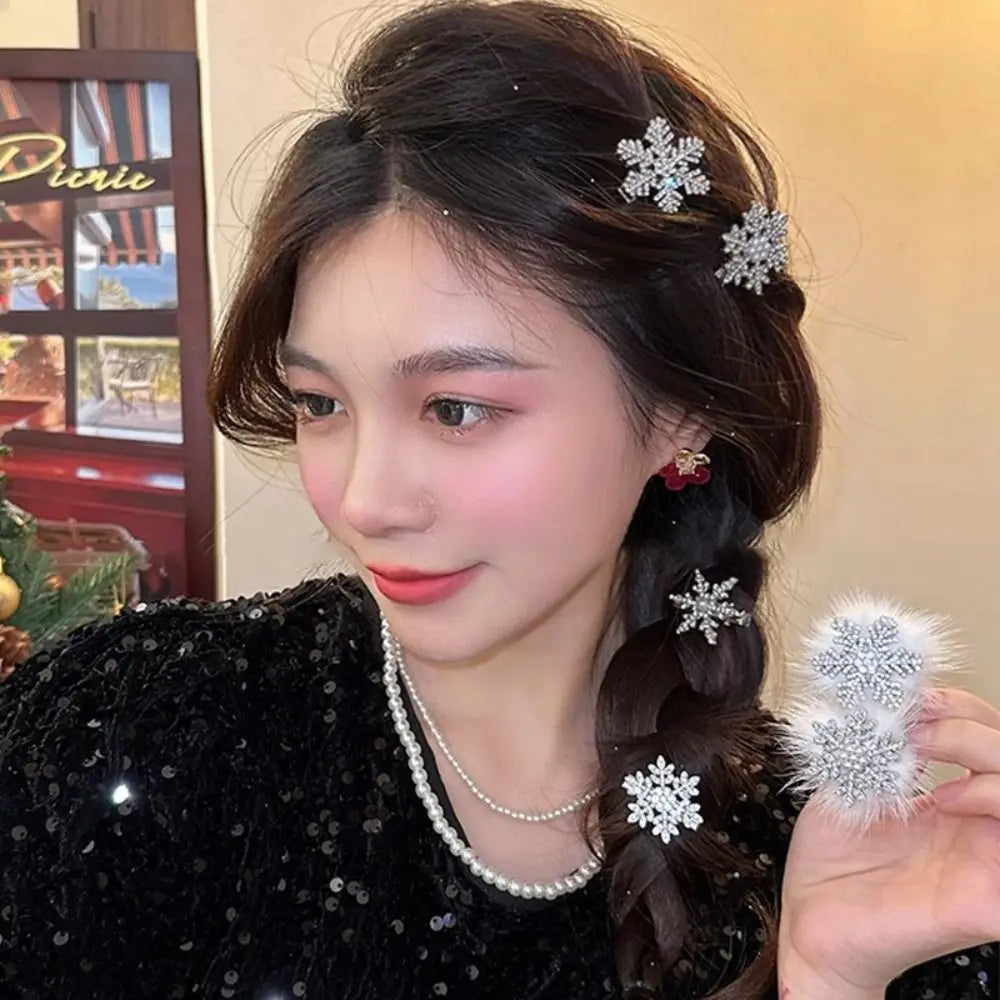 Rhinestone Snowflake Hair Clips with Pearl Bow – Set of 2
