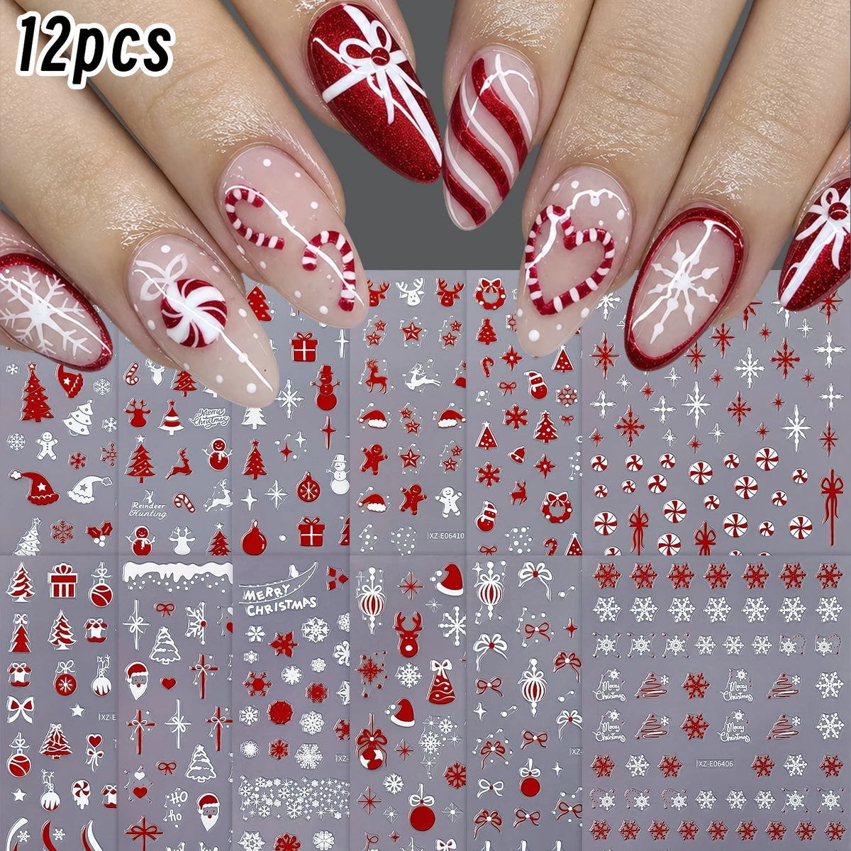 12Pcs Christmas Glitter Nail Art Stickers | Festive Decals Nail Art Stickers PRIMED S4