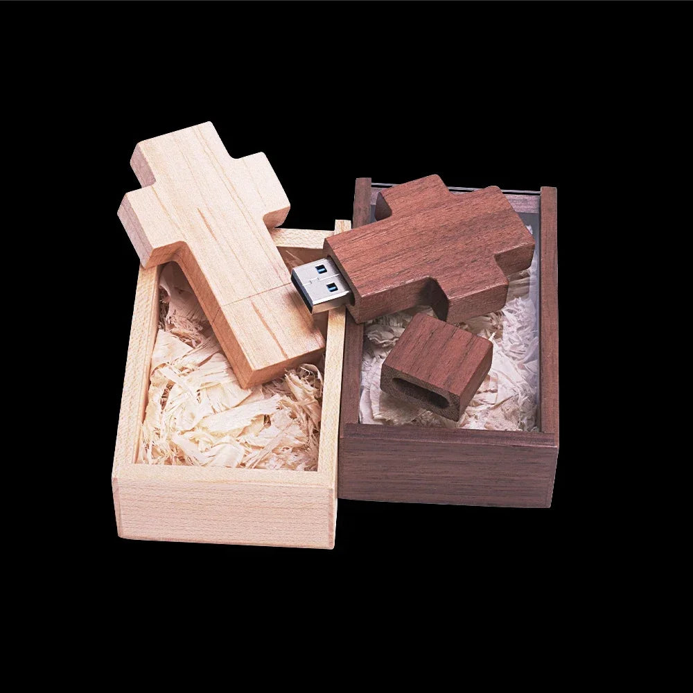 Wooden Cross USB Flash Drive 64GB – Free Custom Logo Gift USB Flash Drive PRIMED