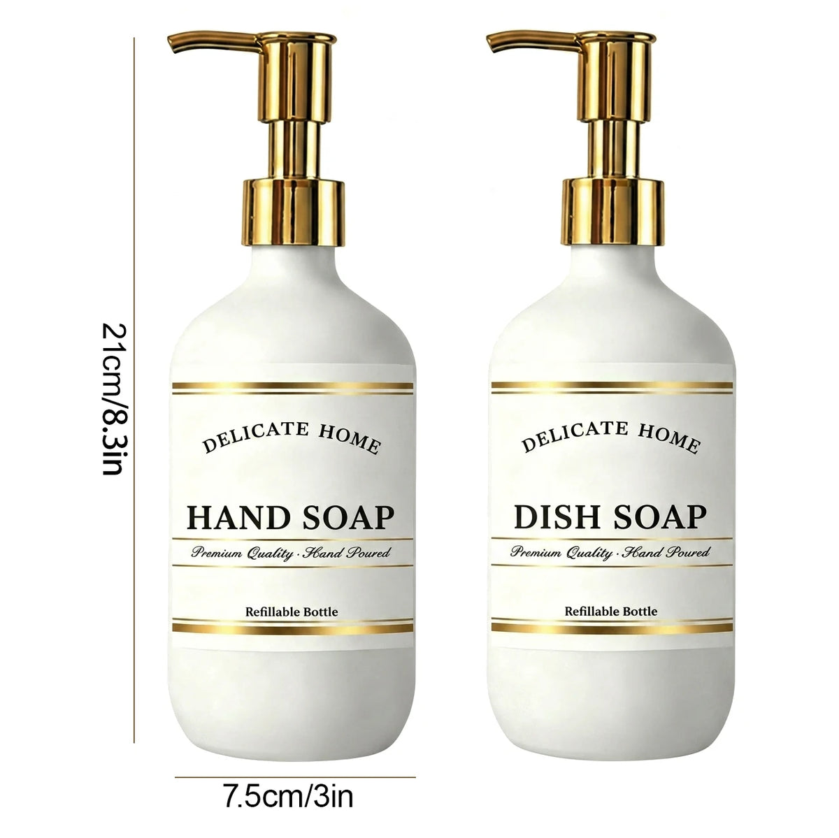 Matte White Soap Dispensers 2-Pack 500ml | Gold Pump Bottles Soap Dispenser Set PRIMED