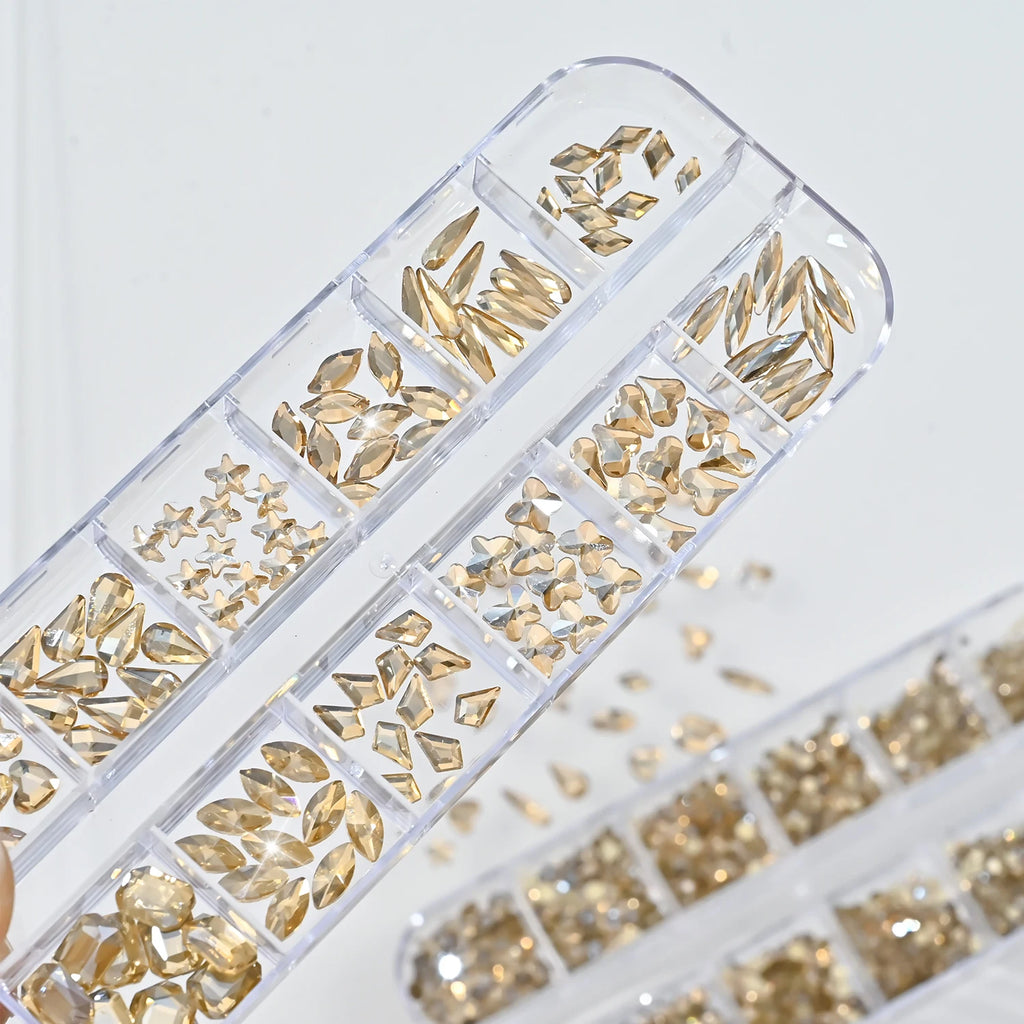 Champagne Gold Nail Art Rhinestones 2-Box Mixed Shapes Zircon