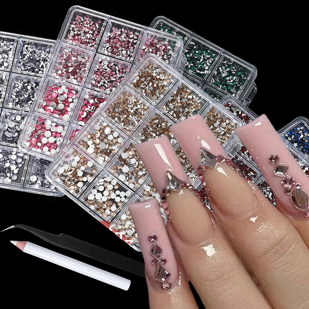 3D Crystal Nail Rhinestones Kit – 12 Shapes, Gems & Tweezer Nail Rhinestone Kit PRIMED