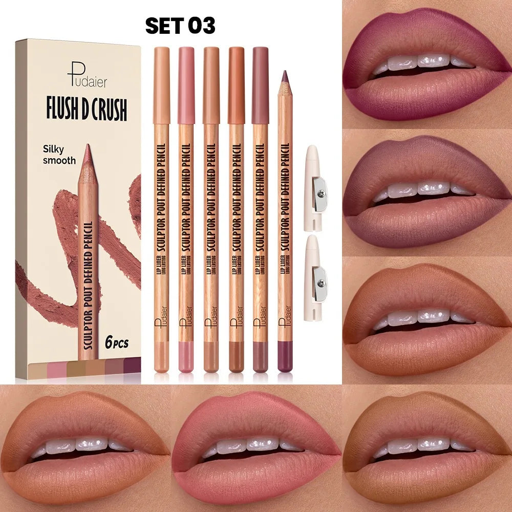 Pudaier Matte Nude Lip Liner Pencil Set – 6 Pcs Waterproof Lip Liner Set PRIMED 03