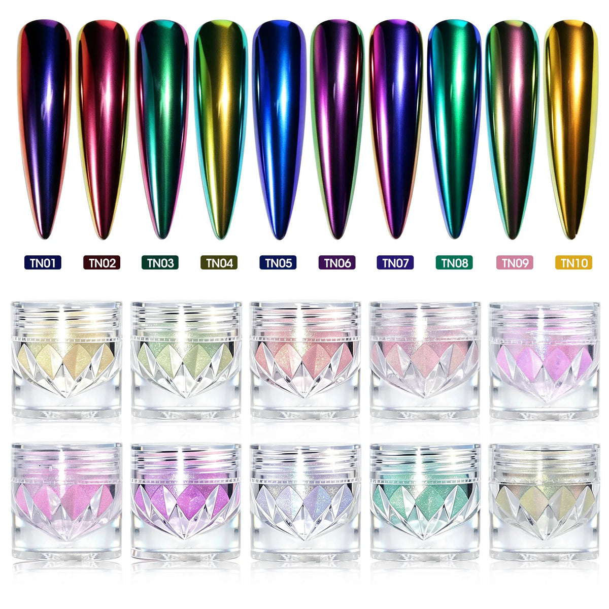 10-Color Aurora Chrome Nail Powder – Iridescent Chameleon Pigment