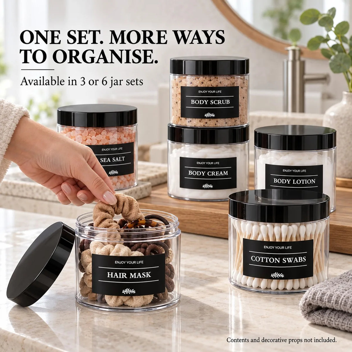 6-Pack Bathroom Vanity Storage Jars with Labels | Plastic Organizer Bathroom Storage Jars PRIMED