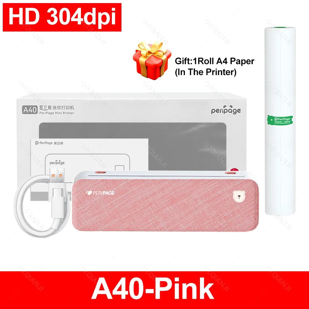 Peripage A40 Portable A4 Wireless Bluetooth Inkless Thermal Printer Portable Thermal Printer PRIMED 304DPI A40 Pink