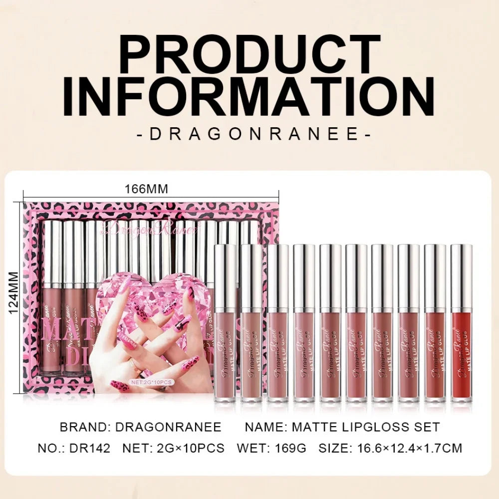 Dragon Ranee Velvet Matte Lip Gloss Set – 10pc Waterproof Matte Lip Gloss Set PRIMED