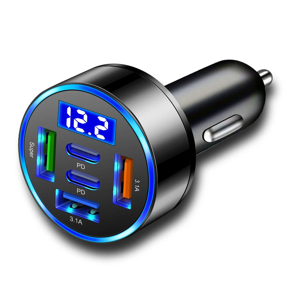 100W 5-Port Car Charger PD QC3.0 USB-C Fast Charge Adapter Car Charger Adapter PRIMED Black