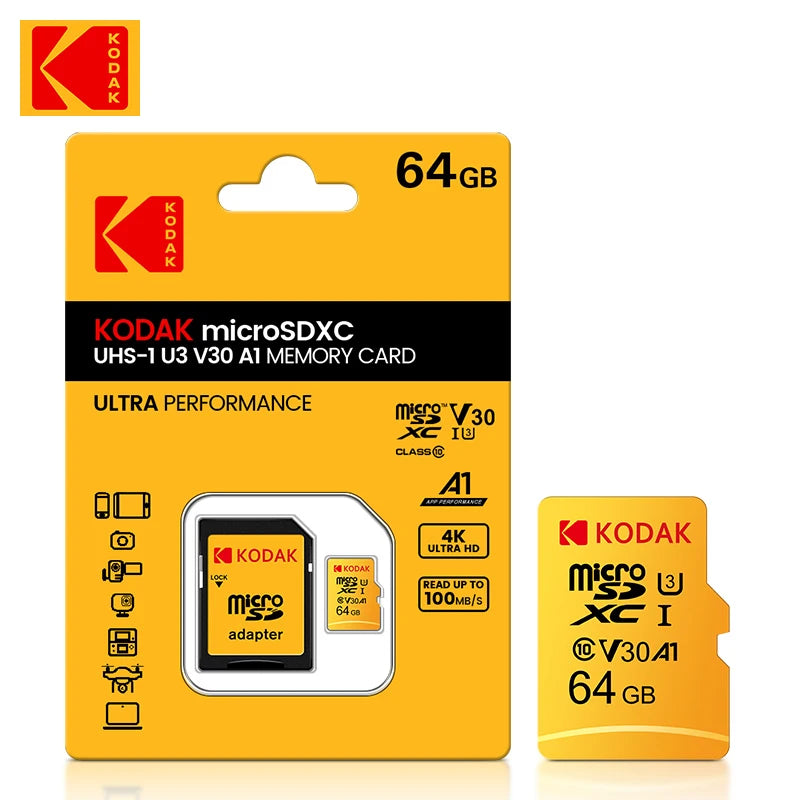 Kodak 64GB Micro SD Card Class 10 U3 V30 A1 microSDXC MicroSD Memory Card PRIMED 64 GB