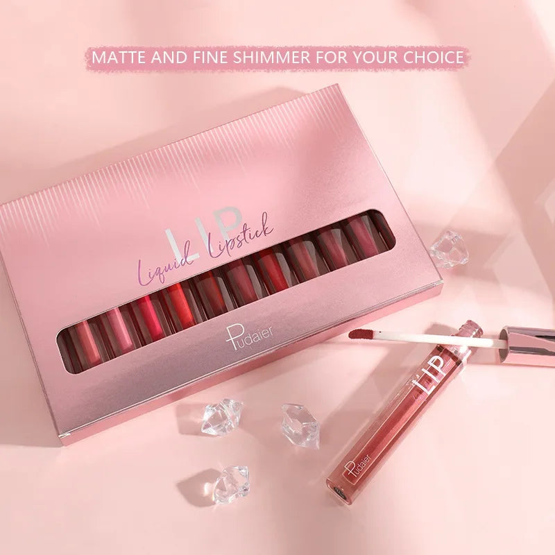 Pudaier 12-Color Matte Glitter Liquid Lip Gloss Set – Nude