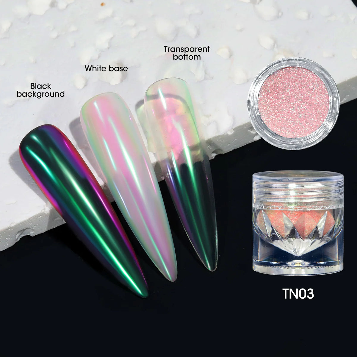 10-Color Aurora Chrome Nail Powder – Iridescent Chameleon Pigment