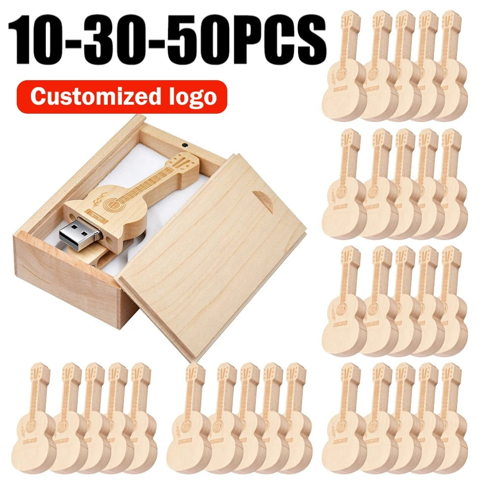 Wooden Guitar USB Flash Drive 16–128GB | Bulk Custom Logo USB Flash Drive PRIMED