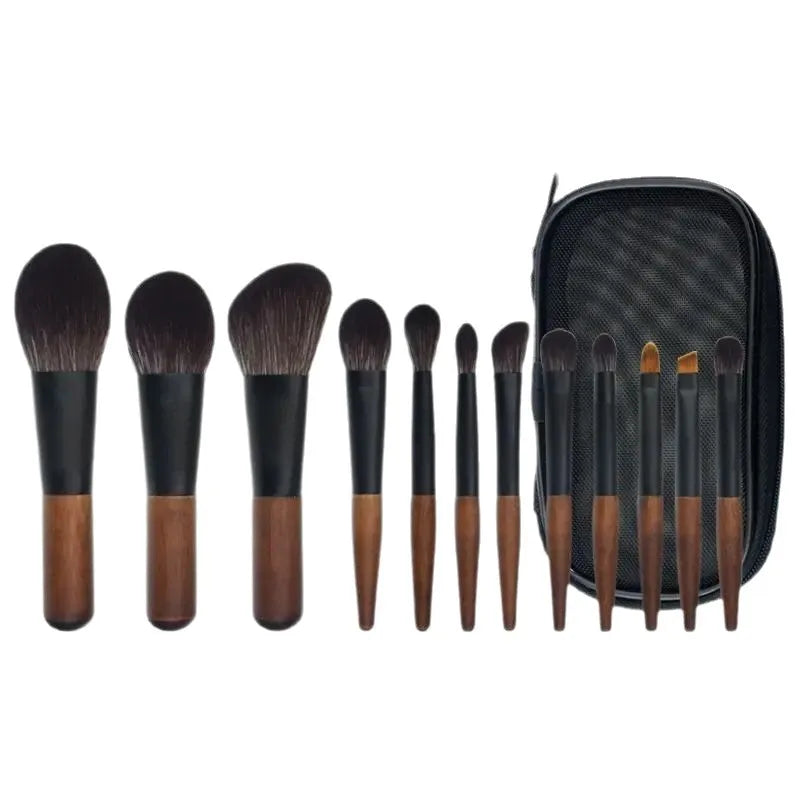 12-Piece Travel Makeup Brush Set with Bag – Wood Handle