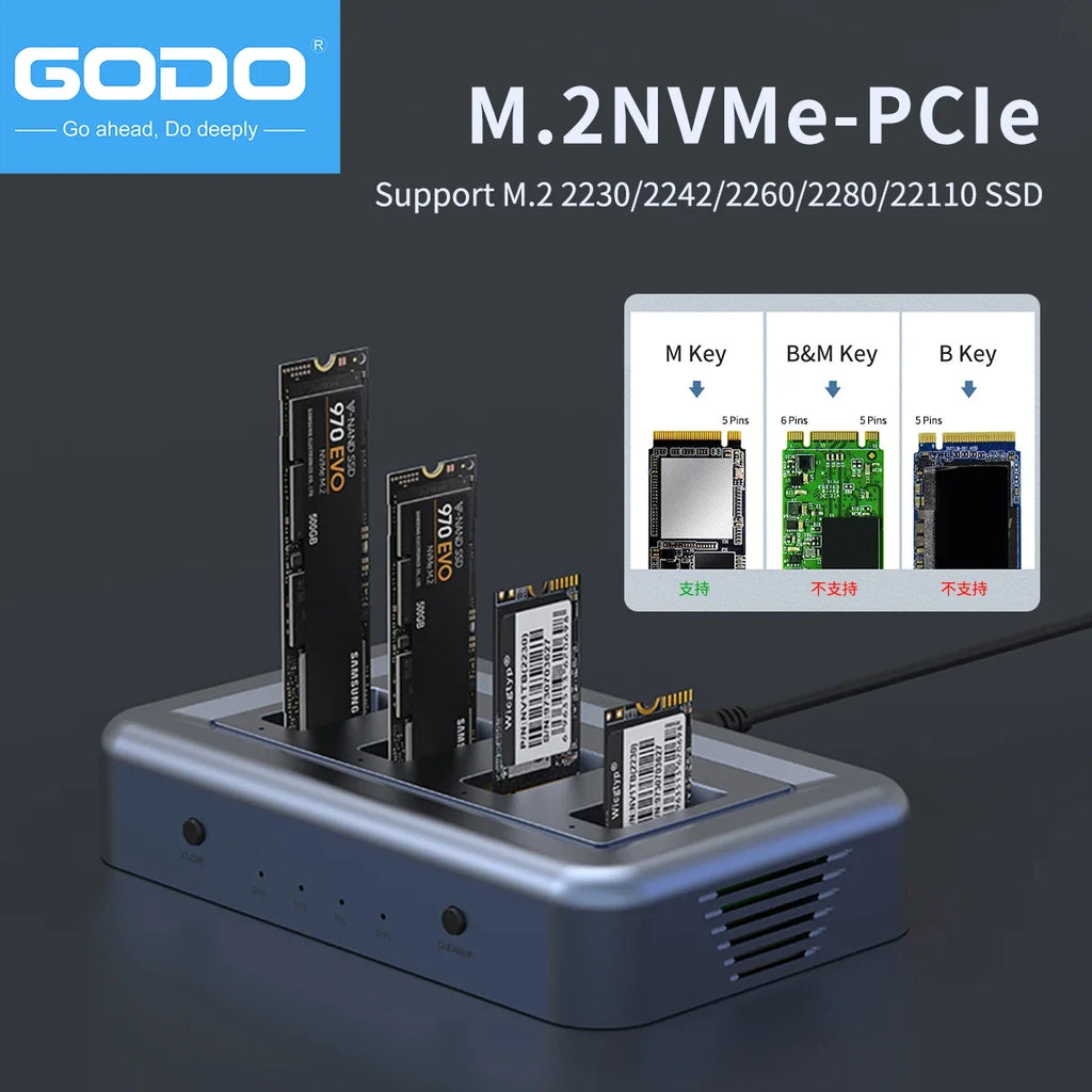 GODO 4-Bay M.2 NVMe SSD Enclosure with Offline Clone Type-C NVMe SSD Docking Station PRIMED