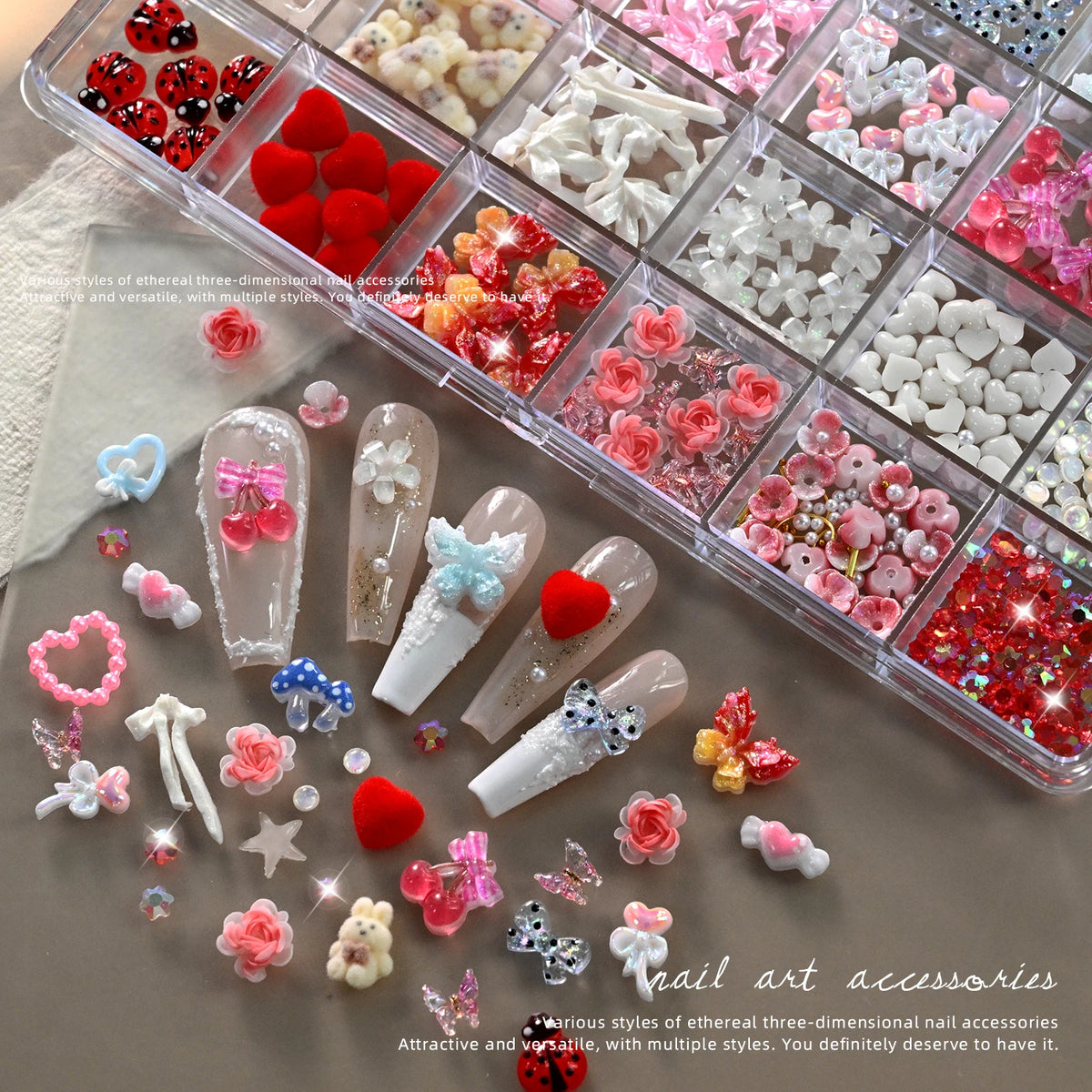 24-Grid 3D Nail Charms – Bows, Butterflies & Crystal Flowers Nail Art Charms PRIMED
