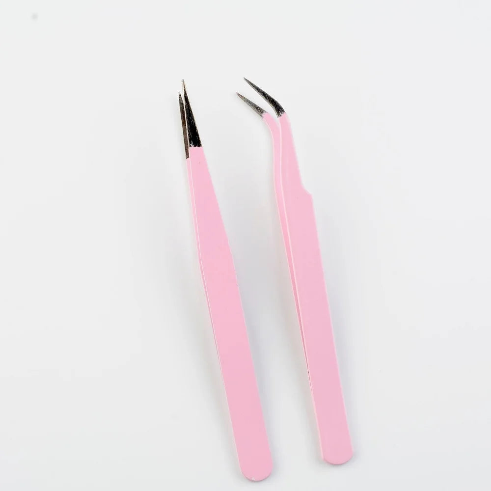 Pink Stainless Steel Eyelash Extension Tweezers – Straight & Curved Eyelash Tweezers PRIMED