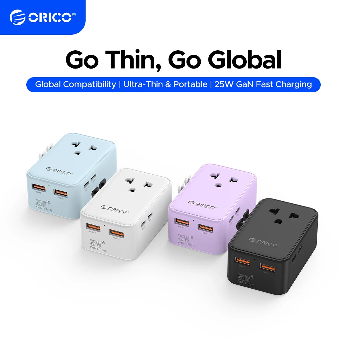 ORICO GaN 25W Travel Adapter – 4 USB Ports, US EU UK AU Plugs Travel Power Adapter PRIMED