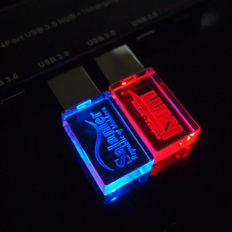 10-Pack Crystal USB 2.0 Flash Drive LED Light 4GB–128GB Logo USB Flash Drive PRIMED