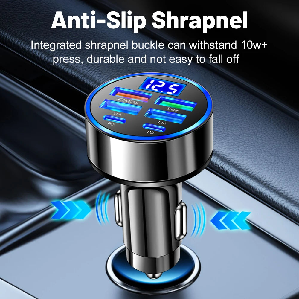 6-in-1 120W USB Car Charger PD QC3.0 – 4A + 2C Ports USB Car Charger PRIMED