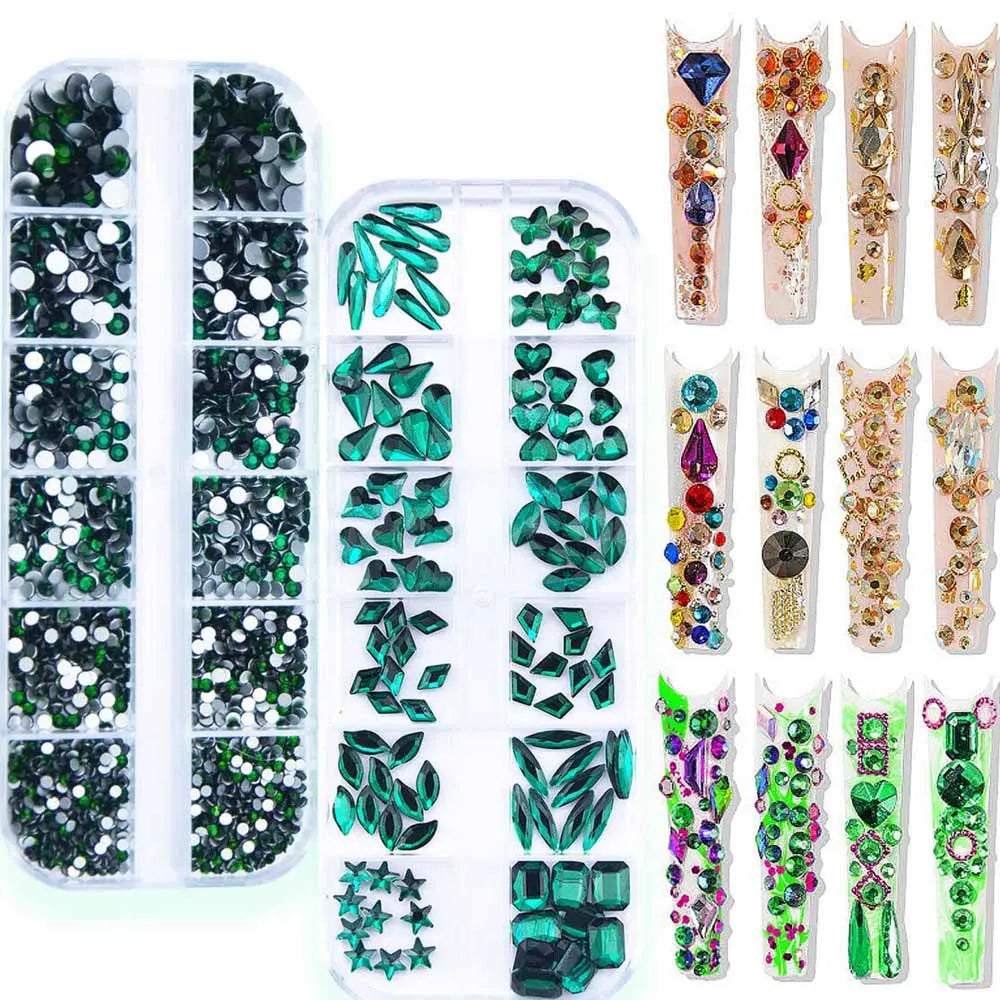 3D Retro Green Nail Rhinestones – 12-Grid Mixed Shapes Set Nail Art Rhinestones PRIMED