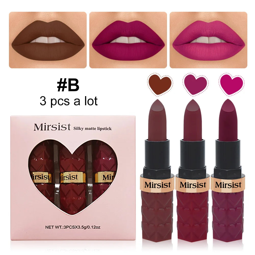 Mirsist 3-Pc Matte Velvet Lipstick Set – Waterproof, Long-Lasting