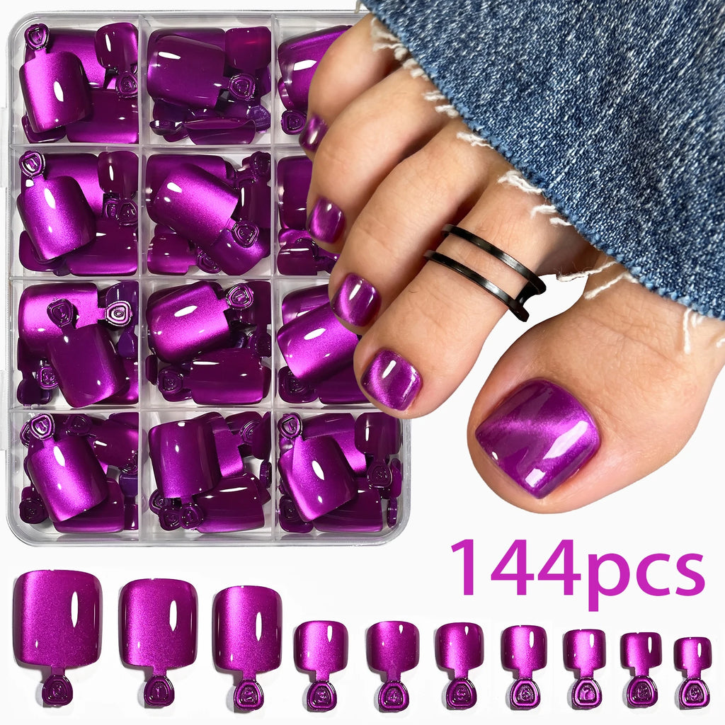 144Pcs Rose Red Cat Eye Press-On Toenails | Short Square Tips Press-On Toenails PRIMED A3