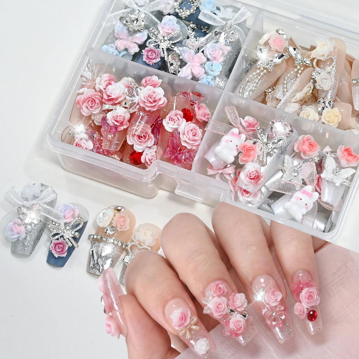 96Pcs Press On Nails Long Coffin Pink Flowers Lace Bows Diamonds