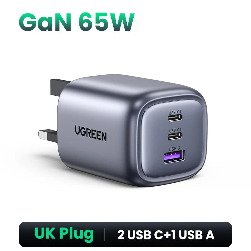 UGREEN 65W GaN 3-Port USB-C PD Fast Charger for Laptop & Phone USB-C Wall Charger PRIMED 3 Ports GaN 65W UK China