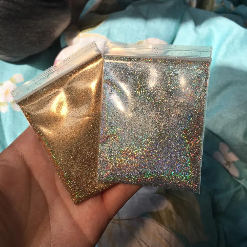 Holographic Nail Glitter Powder 10g – Silver & Gold Laser