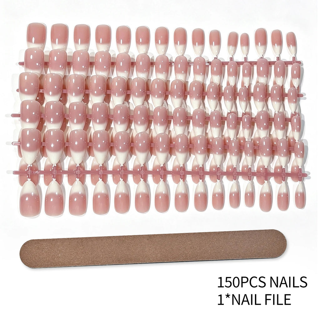 150Pcs Gradient Pink Almond Press On Nails | French White Edge