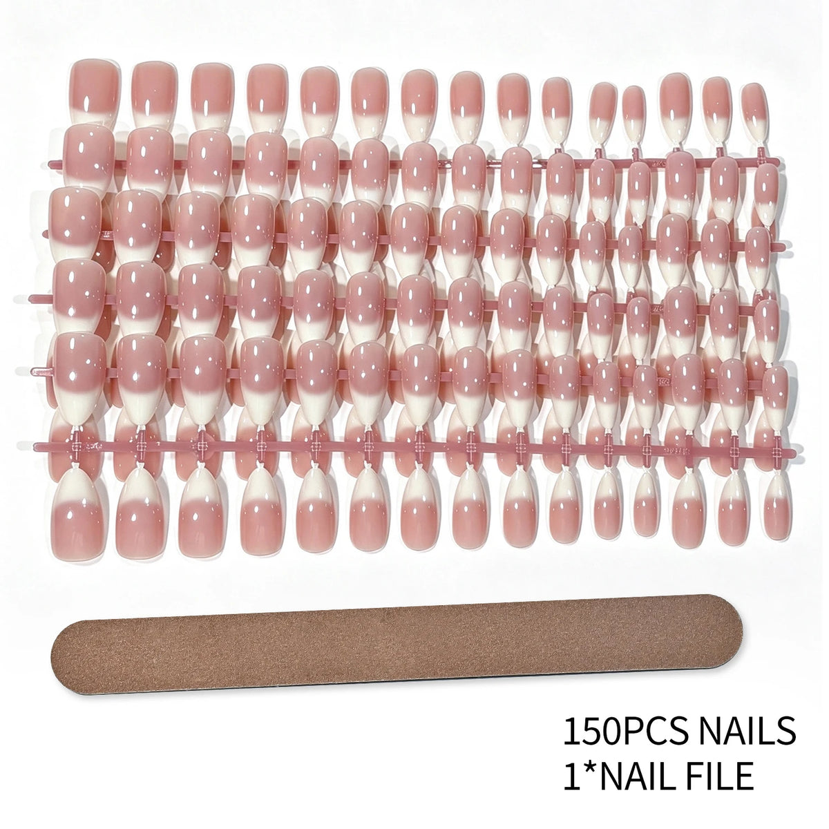 150Pcs Gradient Pink Almond Press On Nails | French White Edge