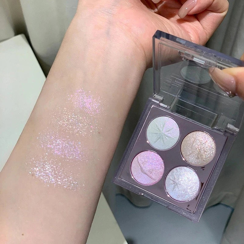 Glitter Shimmer Eyeshadow Palette – 4 Colors Pink Brown Highlighter Eyeshadow Palette PRIMED