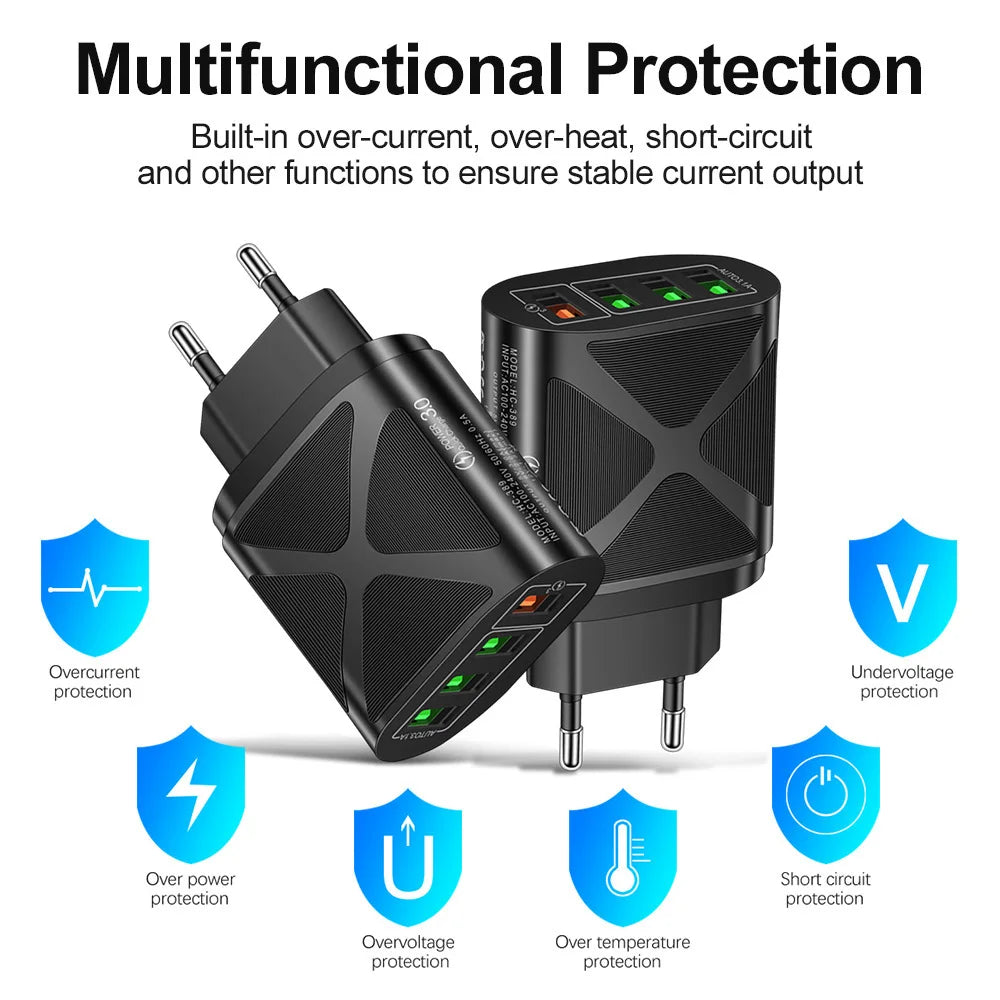 Quick Charge 3.0 4-Port USB Wall Charger | EU US UK Plug USB Wall Charger PRIMED