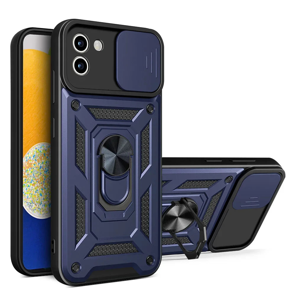 Shockproof Armor Case Samsung Galaxy A02–A14 Ring Car Holder Phone Armor Case PRIMED For A03S EU Blue
