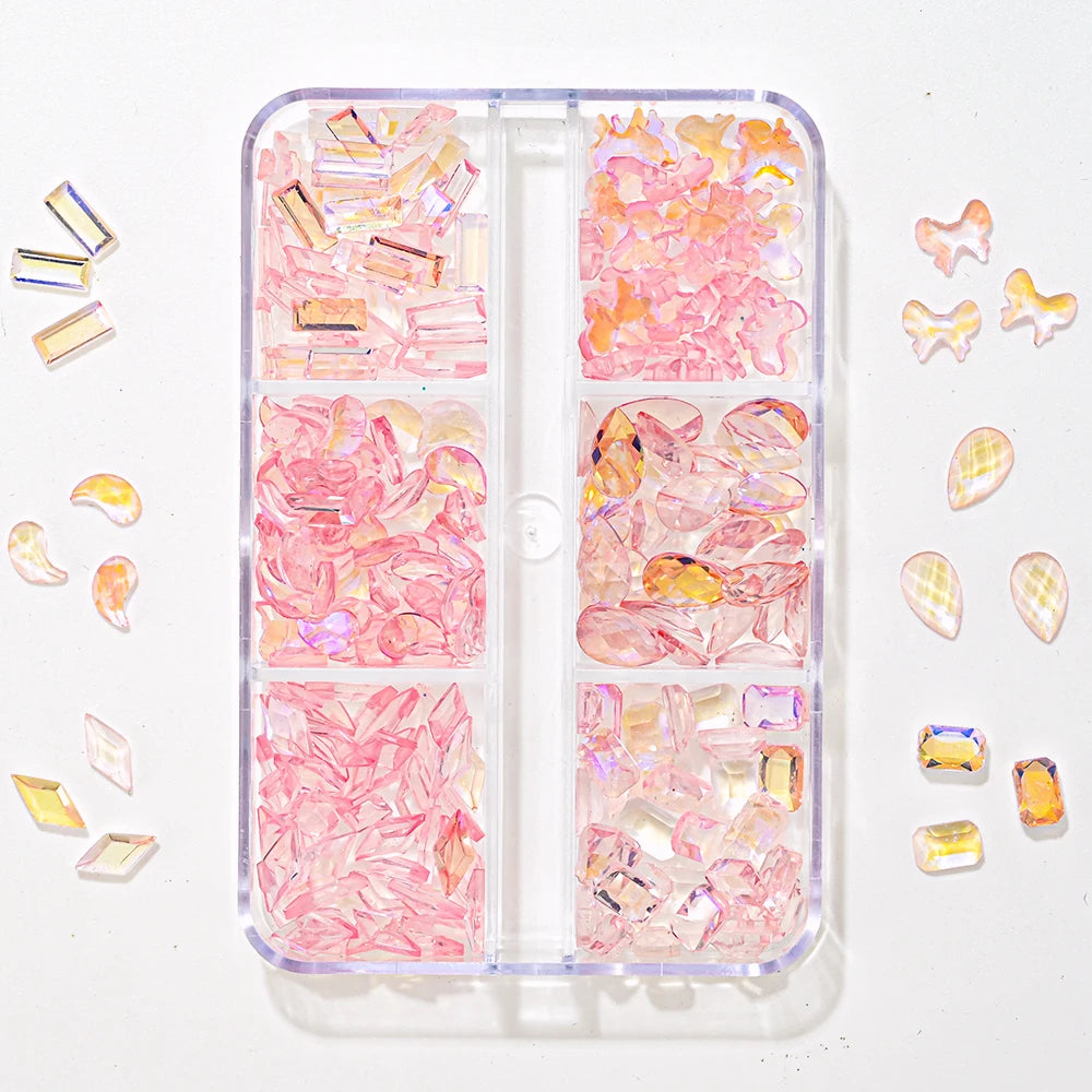 600Pcs Aurora Pink Nail Rhinestones – Heart Star Crystal Mix