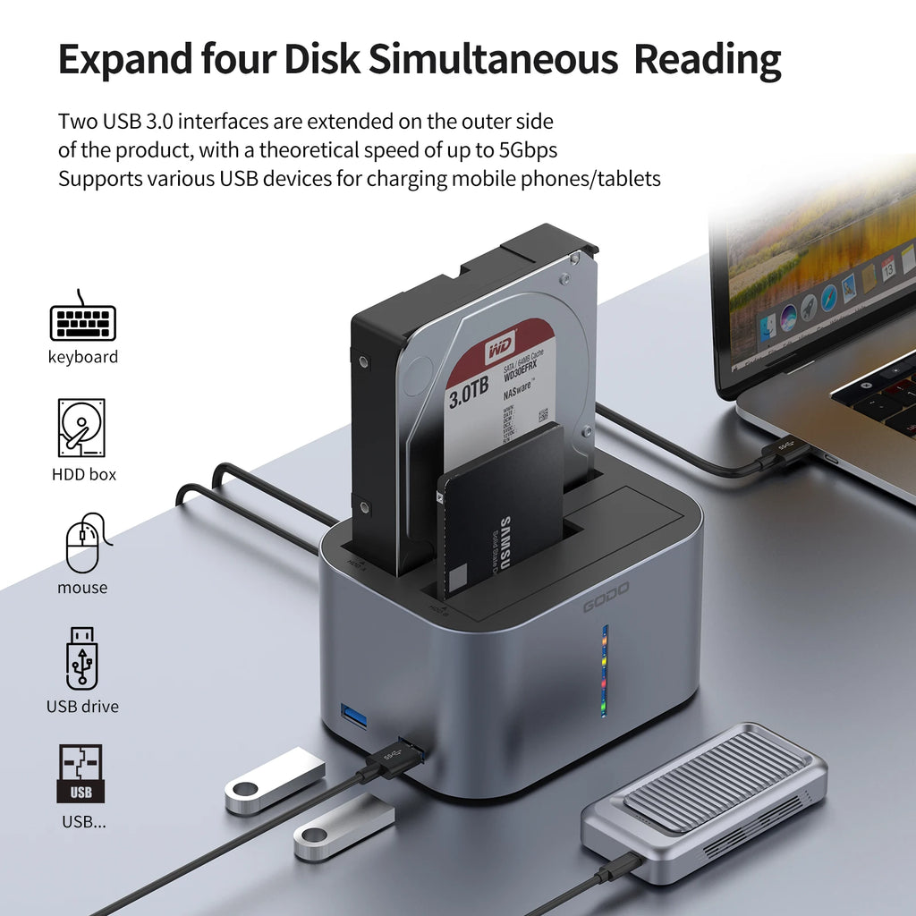 GODO Dual Bay HDD Docking Station SATA USB 3.0 Offline Clone HDD Docking Station PRIMED