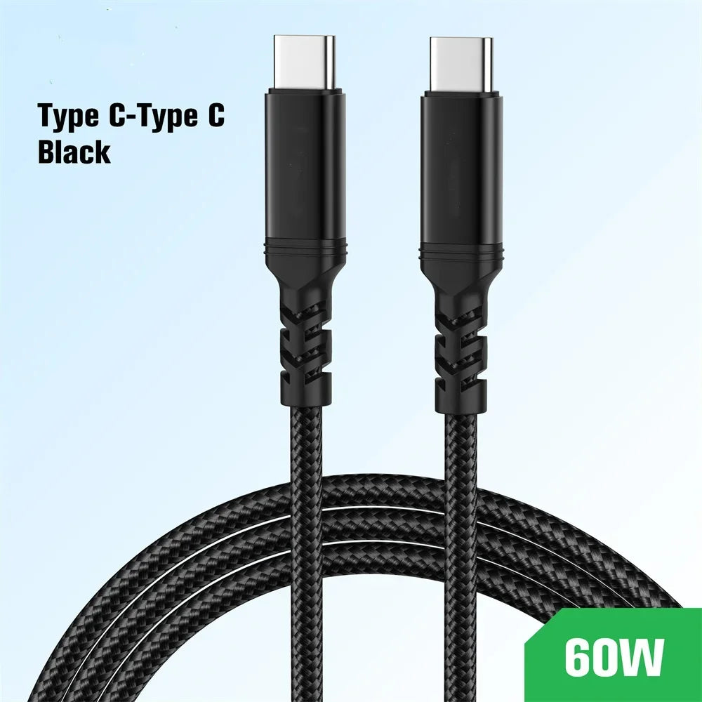 USB-C to USB-C PD 60W Fast Charging Nylon Braided Cable USB-C Charging Cable PRIMED Black C-C Cable 2m